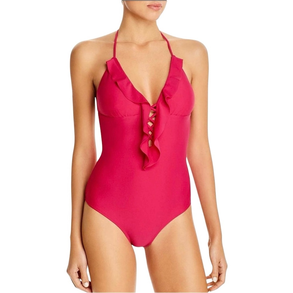 NWT Shoshanna Magenta Lattice Ruffle One Piece - Sz 6